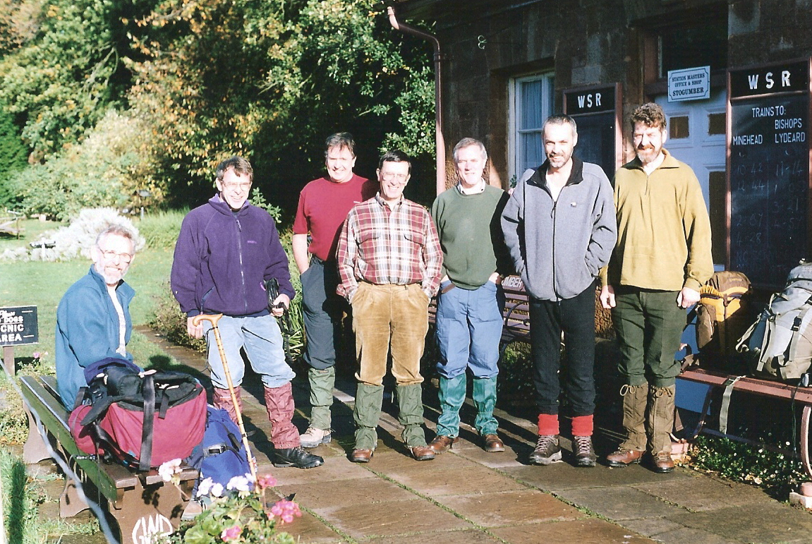 John, Roy, Tony, Stewart and Jim, sat on the wall of a stone bridge in the Belgian Ardenne.